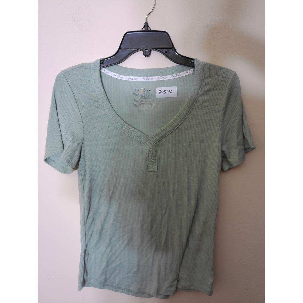 Live 2 Lounge Henley Top Womens Small Sage Green Pointelle Short Sleeve Casual
